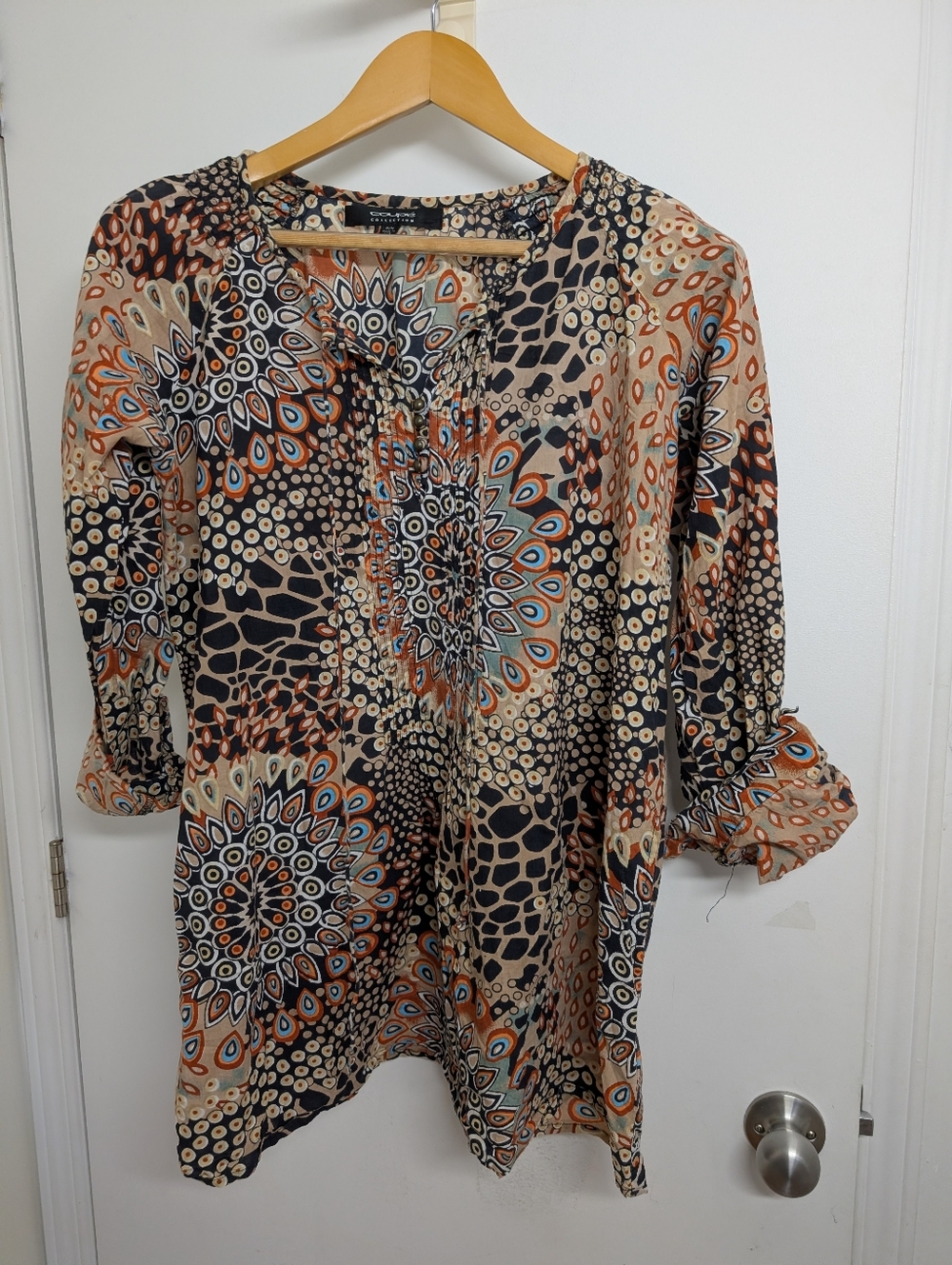 COUPE COLLECTION BOHO PRINT BLOUSE EARTH TONES 100% COTTON FLOWY TOP - Picture 2 of 6